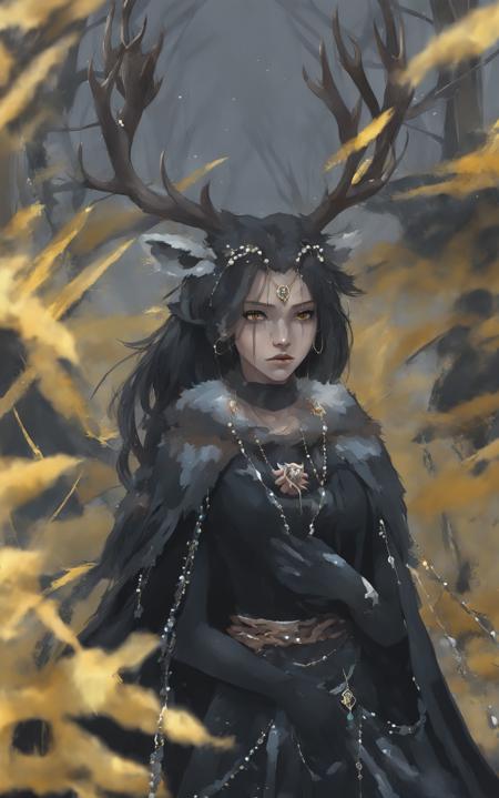 00055-2995899172-impasto, wlop, 1girl, jewelry, black dress, dress, long hair, black hair, necklace, braid, facial mark, gloves, antlers, earring.png